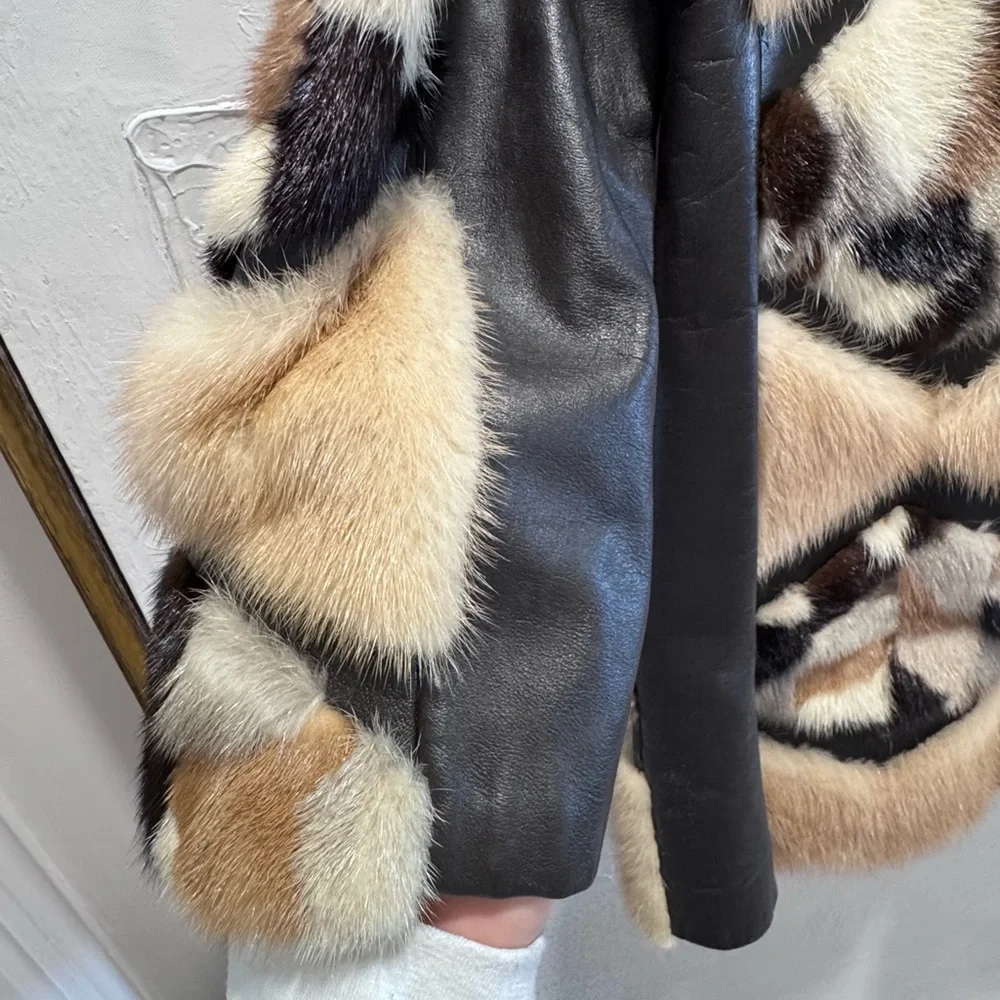 Vintage Mink Fur Patchwork Coat Leather Chevron Luxe Statement Jacket M - Picture 8 of 11